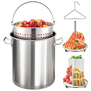 Bayou Classic 10-Quart Stainless Steel Lidded Kitchen Deep Frying Pot with  Handles, Fry Perforated Basket, and Thermometer, Silver
