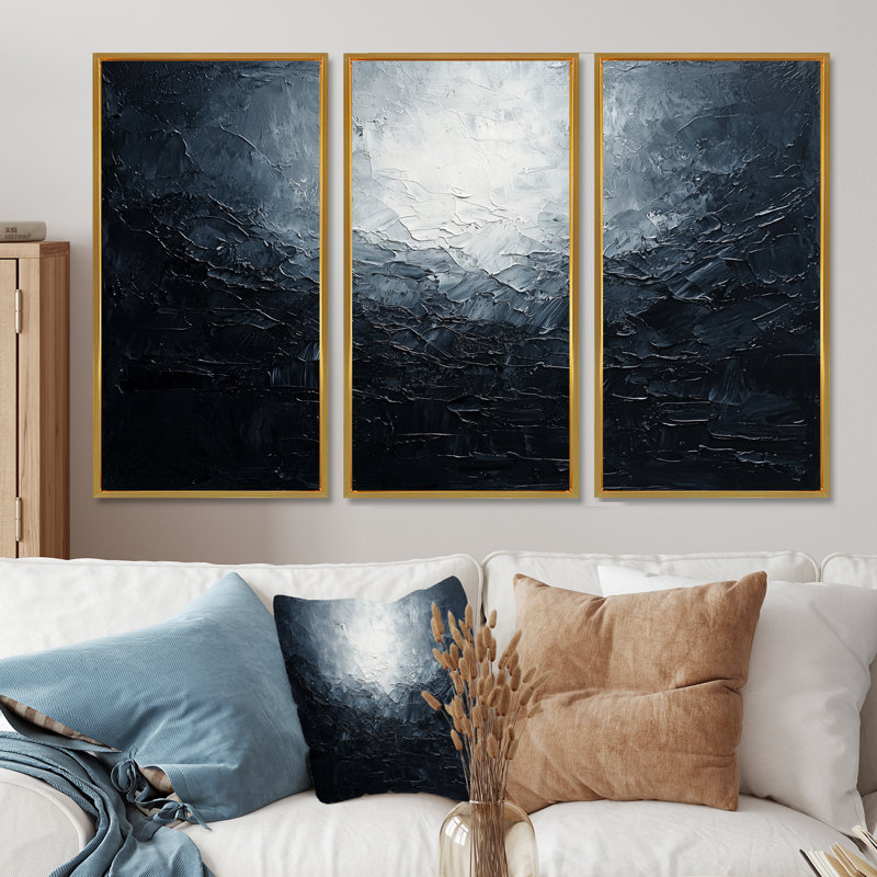 Tempête abstraite de ciel de minuit - art mural ciel - ensemble de 3, H 32 po x l 48 po, Doré