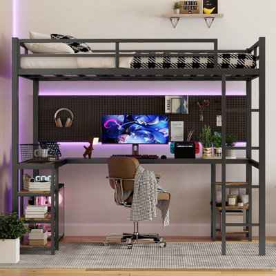 Lit, lit mezzanine en métal avec bureau et tablettes, lit mezzanine avec échelle et garde-corps, cadre de lit mezzanine pour chambre à coucher