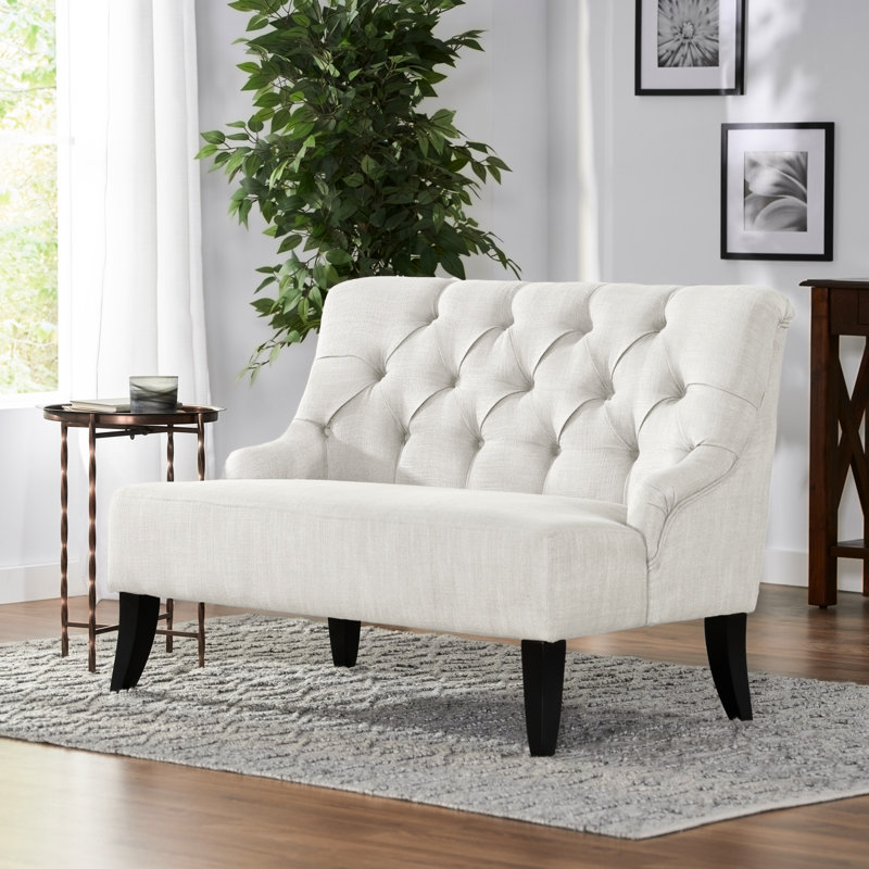 Upholstered Settee In Grey, Solid Birch Legs, Back Allurement Flared Wood Leg Elegance