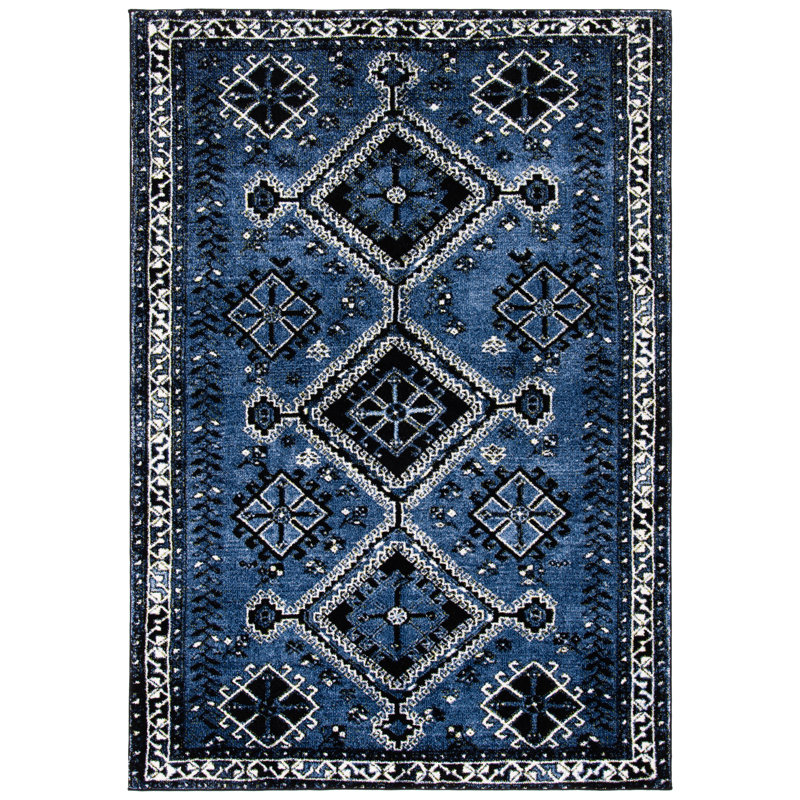 Tapis bleu / noir Southwestern, Rectangle 2 pi 7 po x 5 pi
