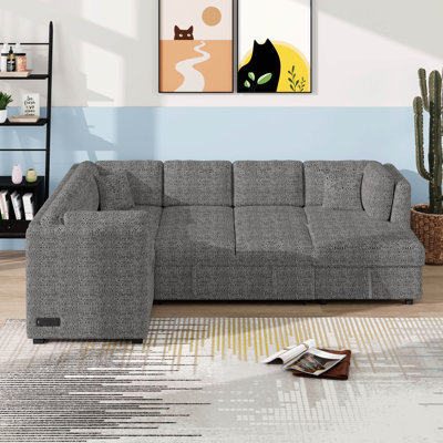 Pull Out Sleeper Sofa Bed With Storage Chaise, 108.6" U-Shaped Sectional Sofa With Two USB Ports, Two Power Sockets And Three Back Pillows Sleeper