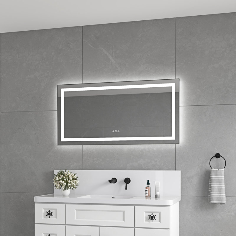 Miroir de salle de bain 48 "x 24" avec cadre en aluminium, 3 températures de couleur, brouillard, gradation continue, bois de frêne, mémoire de forme pour la salle de bain, bois de frêne