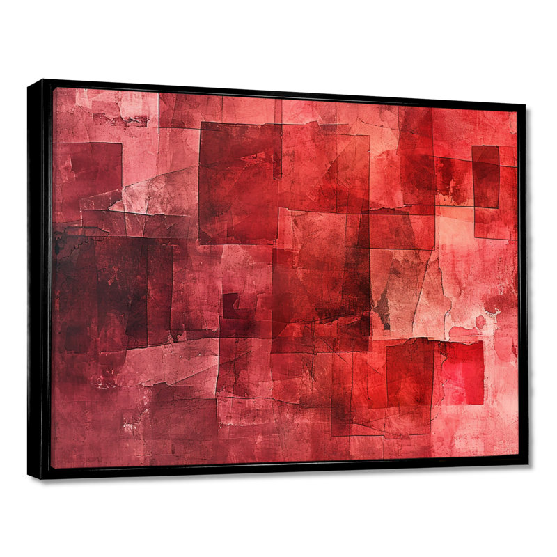 Cubist Red Secrets - Abstract Collages, art mural, H 12 po x l 20 po x P 1 po, Toile avec cadre flottant noir