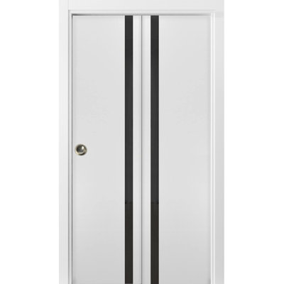 Sliding Closet Bi-fold Doors 56 x 80 in (2x 28x80) Planum 0040 White Silk with Black Glass Sturdy Tracks Moldings Trims Hardware Set Wood Solid Bedroom Wardrobe Doors
