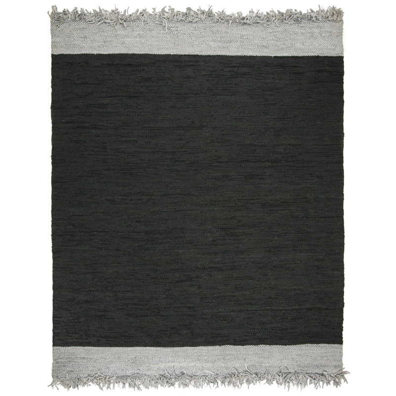 Stadler Hand Woven Leather/Cotton Solid Color Rug in Light Gray/Black, Rectangle 2'3" x 4'