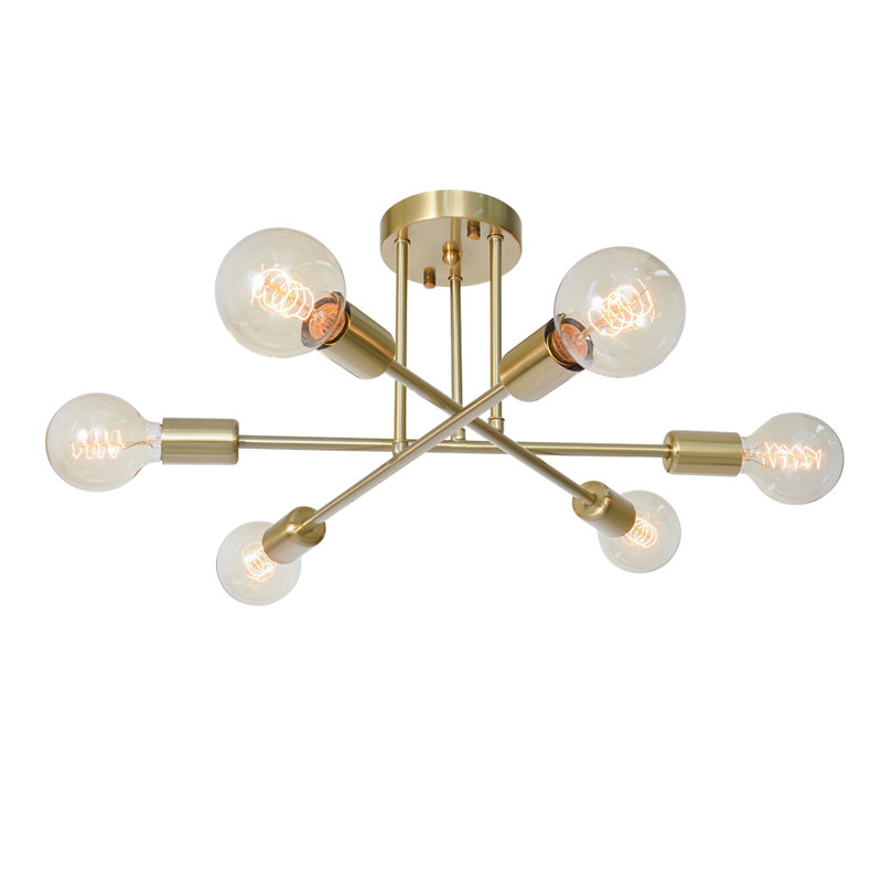 Tubeeuse Modern Sputnik Chandelier Industrial 6-Light Semi Flush Mount(Bulbs not included), Brass