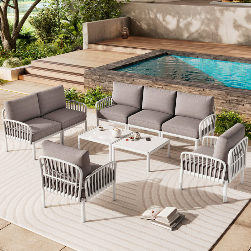 9 Piece Patio Conversation Sets, Modern Outdoor Patio Sectional Furniture Set With Two Square Coffee Table, Waterproof Thick Cushion Deep Seating For Porch, Balcony, White & Light Gray