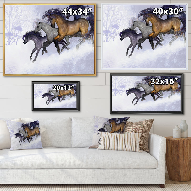 «Galpping Horses In The Winter», reproduction sur toile, H 34 po x l 44 po x P 1,5 po, Cadre flottant noir