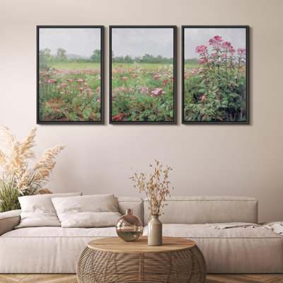 «Floral Bliss Wild Pink Flowers, Serene Meadow Nature Wilderness Illustration Decor», 3 pièces sur toile