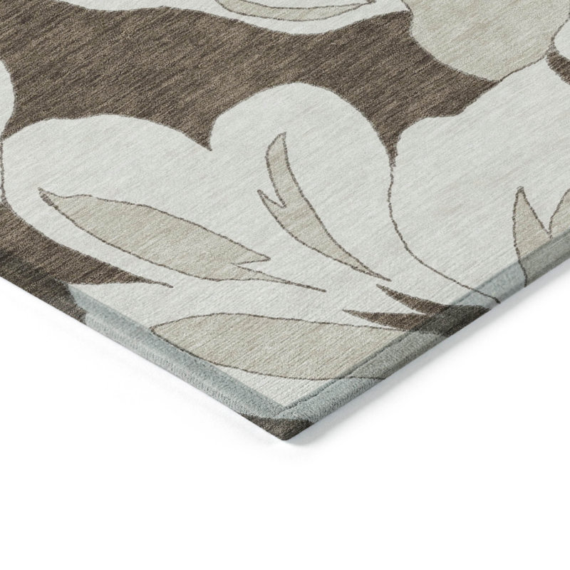 3' X 5' Brown Beige And Taupe Floral Washable Indoor Outdoor Area Rug