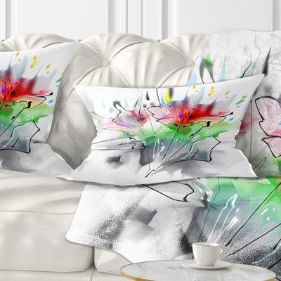 Textured Red Green Floral Design - Floral Printed Throw Pillow