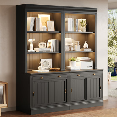 Nicanor Tall Bookcase Suite with LED Lighting, Sliding Doors & Drawers