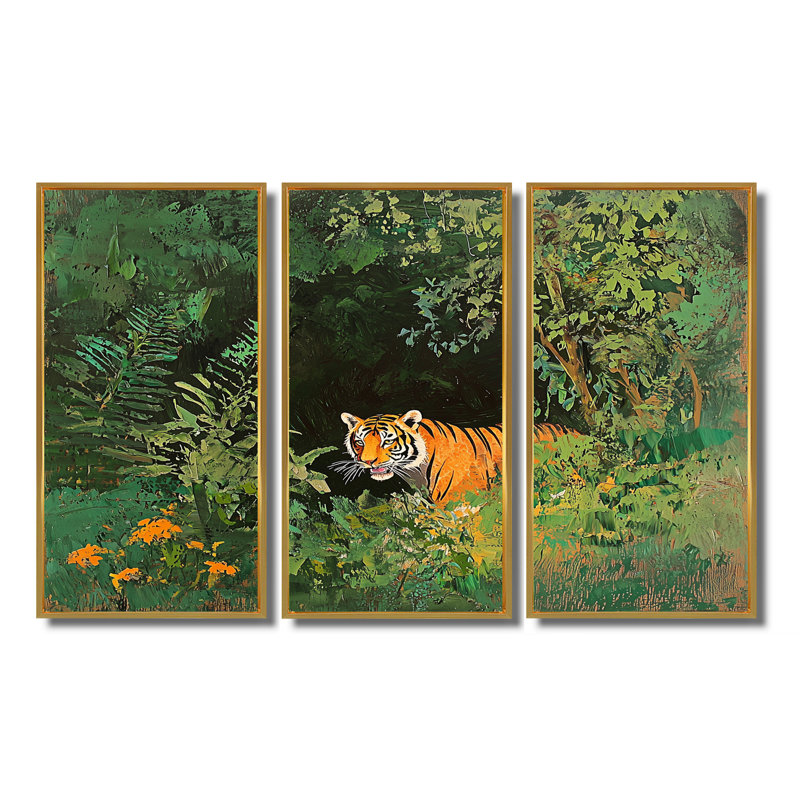 Ensemble de décoration murale Tiger in the Rainforest II - Tiger, H 40 po x l 60 po, Reproduction avec cadre flottant, Doré