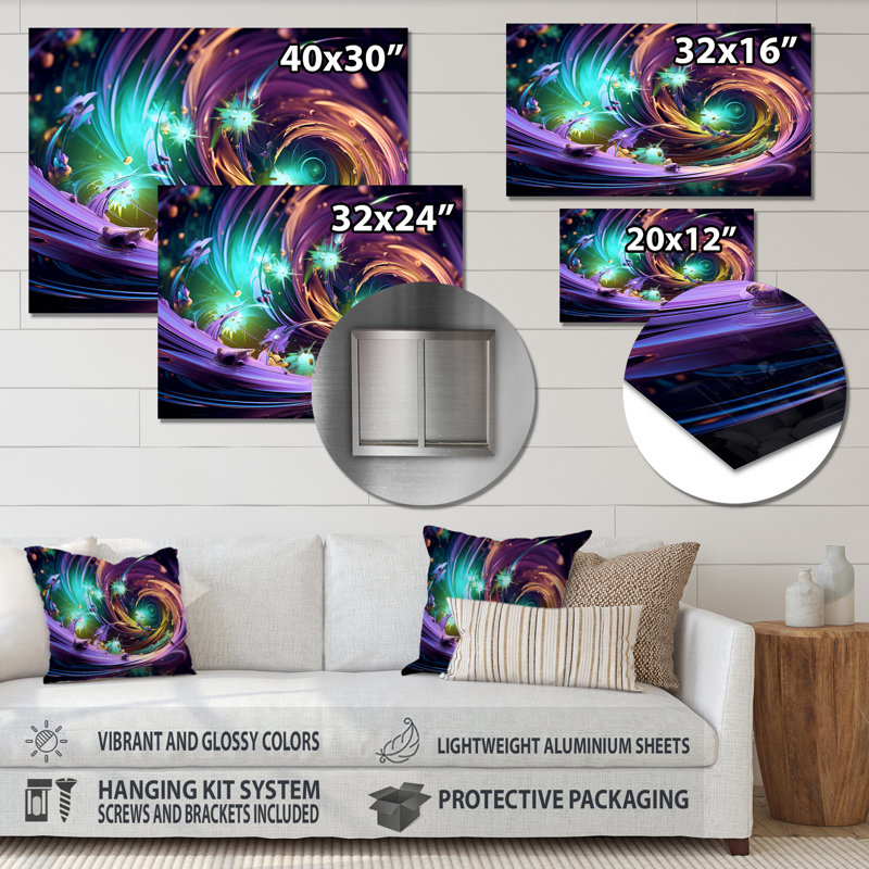 Mauve et vert fractal Fusion I - impression d'art mural en métal fractal, H 16 po x l 32 po x P 1 po