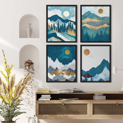 «Teal and Gold Mountain Pine Tree Forest Landscape», impression sur papier 4 pièces