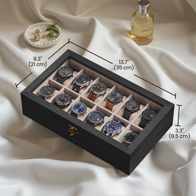 Boîte à montre en bois massif avec 12 fentes, couvercle en verre, idée cadeau, Noir