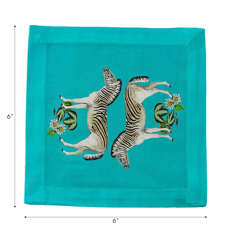 Zebra Seeing Double Hemstitch Cocktail 6" Linen/Cotton Napkin, Teal