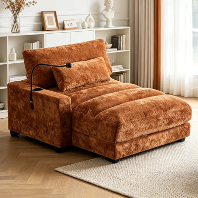Chaise longue rembourrée 58 po à un accoudoir pour salon, conception touffetée en chenille avec porte-gobelets, ports USB et supports pour téléphone