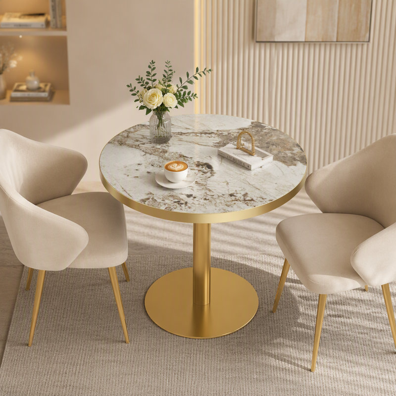 Table bistro ronde de 31,5 pouces avec plateau en faux marbre et plateau en métal robuste, facile à assembler, diamètre de la structure en métal robuste