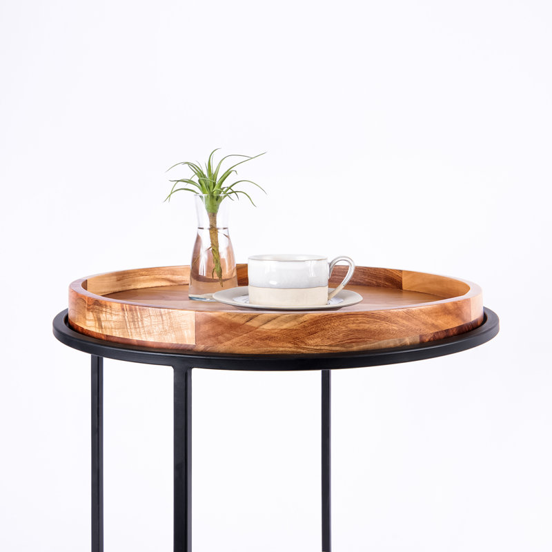 Table de bout ronde avec plateau en bois massif, Noir, Naturel