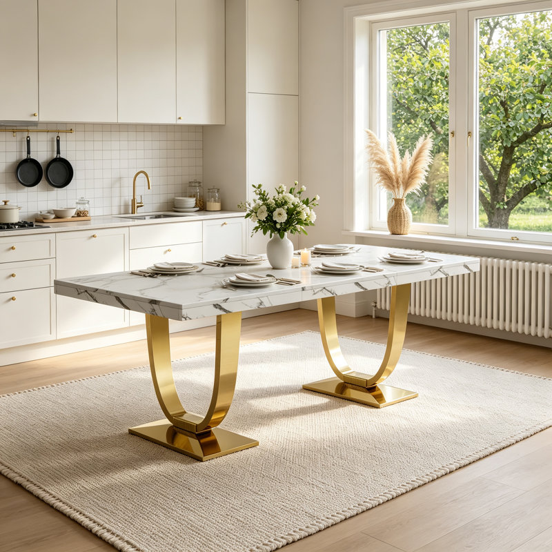 Table de salle à manger rectangulaire moderne et luxueuse de 70 pouces avec plateau imprimé marbre blanc et pied central en acier inoxydable pour la cuisine