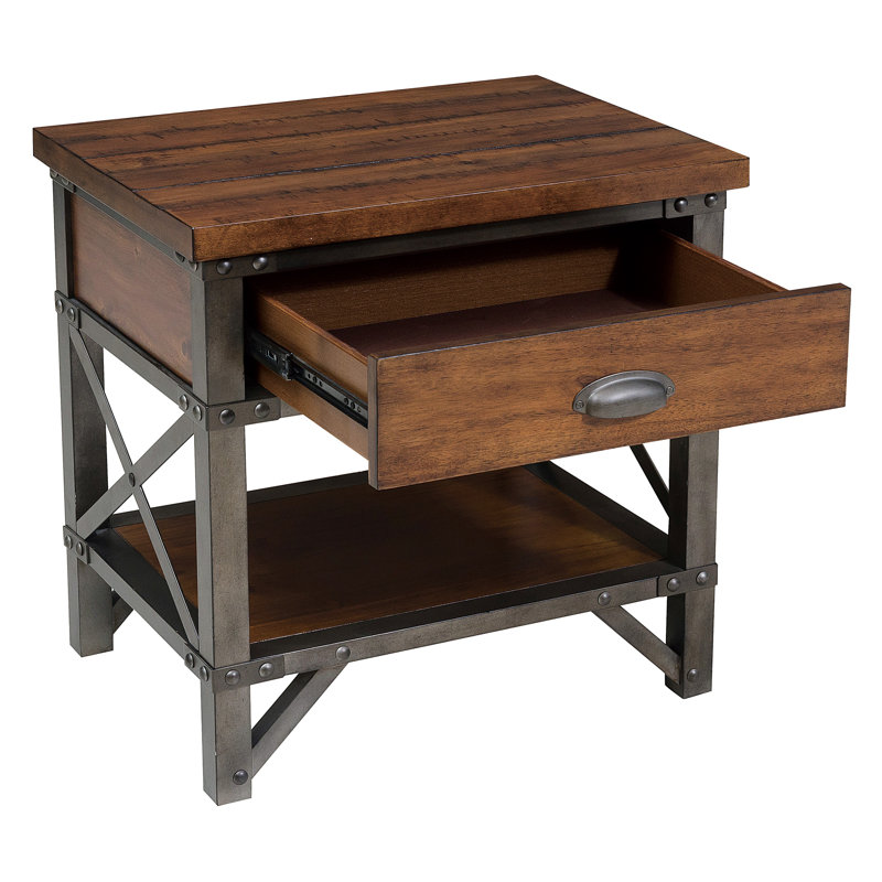 Haverhill Modern Rustic Brown Nightstand With 1 Drawer and Shelf Metal Frame Night Side Table