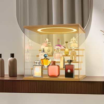 Acrylic Display Case With Adjustable LED Light, 5 Tier Clear Display Box Dustproof Showcase,Wood