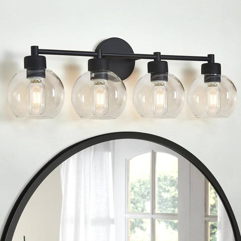Matte Black Vanity Light Fixture With Clear Glass Shades, 4-Light Bathroom Lighting For Mirror, Stairs, And Kitchen, Industrial Modern Design
