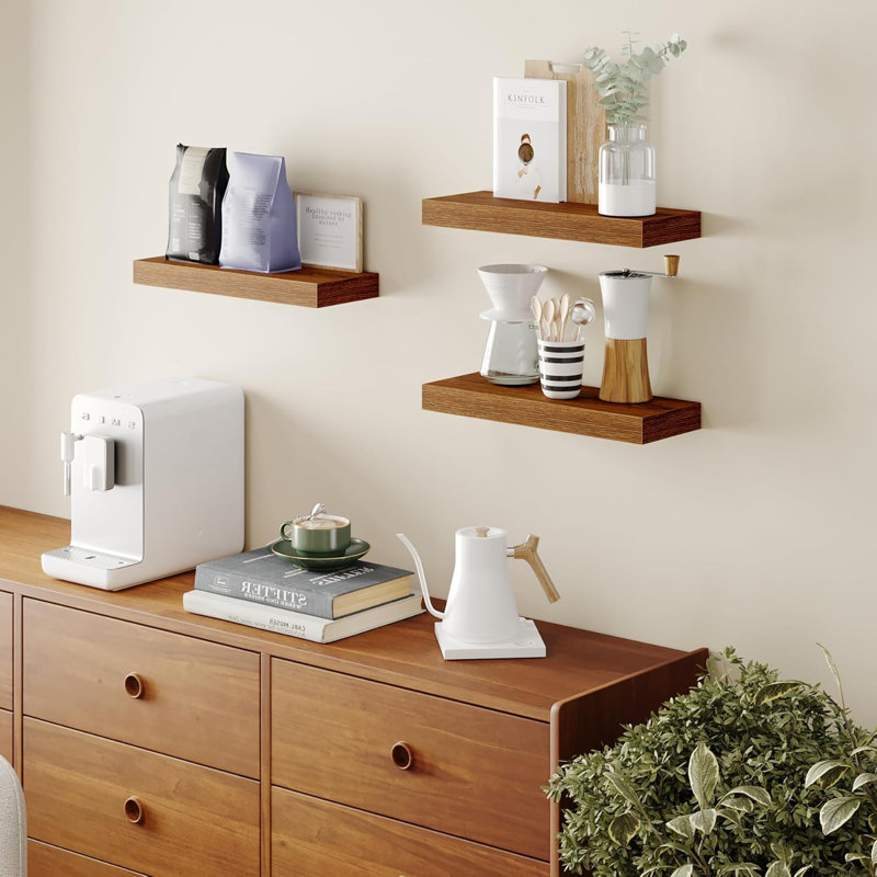 Floating Shelves Set Of 3, American Oak Wall Mounted Wooden Shelves With Invisible Brackets, Space-Saving Wall Shelves For Bedroom, Bathroom, Living Room And Kitchen