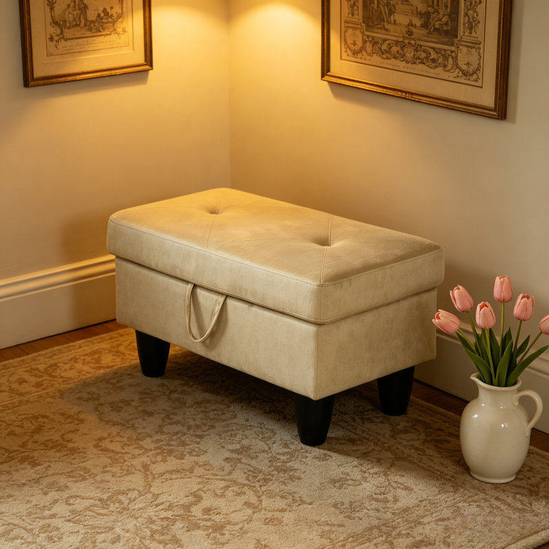 Banc repose-pieds de rangement rectangulaire de 28,5 po avec repose-pieds polyvalent de couleur unie, Velours beige