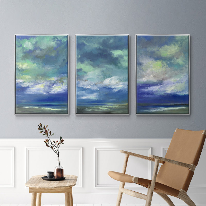 Island Dusk, ensemble de 3 toiles encadrées, H 36 po x l 72 po, Encadrement argenté