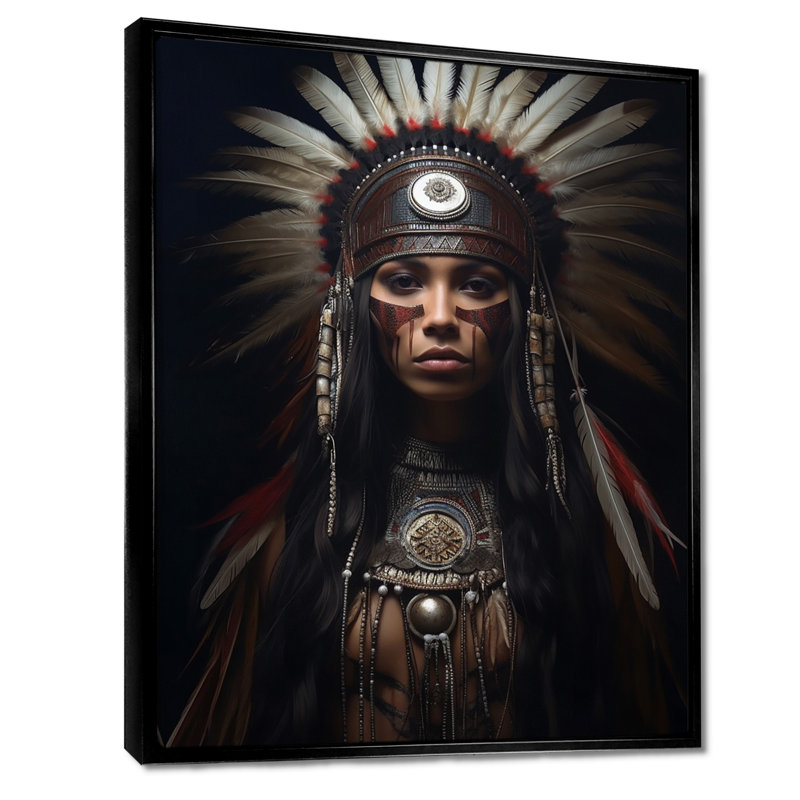 Tribal beauté avec coiffe de plumes traditionnelles - Art amérindien, Toile noire avec cadre flottant, H 20 po x l 12 po