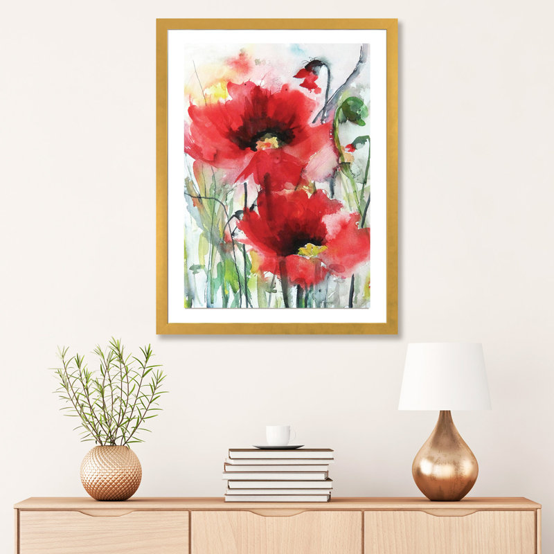" Red Poppies " by Karin Johannesson, 32" H x 24" W x 1" D, Gold Framed Fine Art Paper