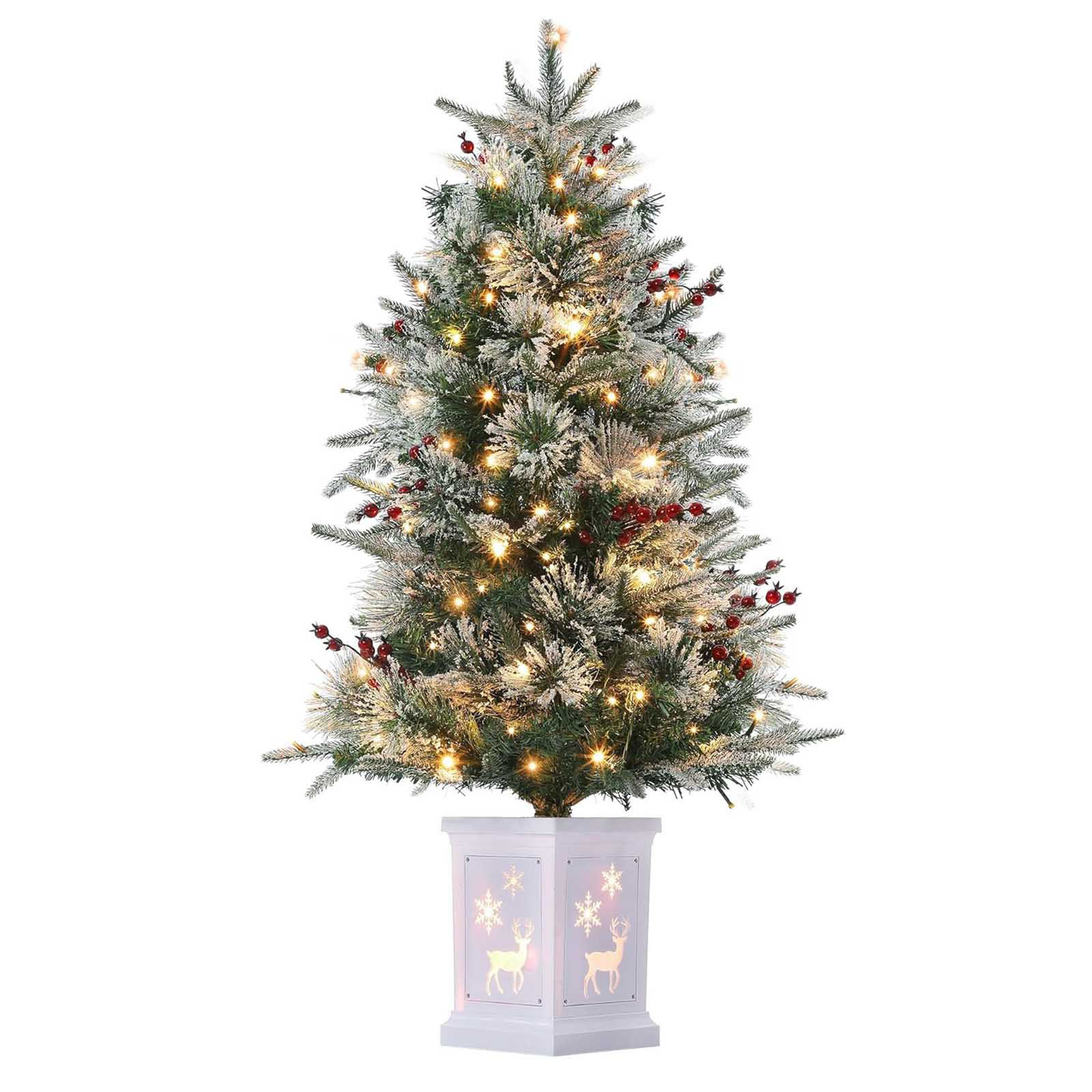 Ophelia & Co. 4.5 FT Christmas Tree, Pre-Lit Christmas Tree With Lighting Elk Base And Red Berries, Artificial Christmas Tree With 108 LED Light, Snow Flocked Branches Xmas Tree For Porch Entryway