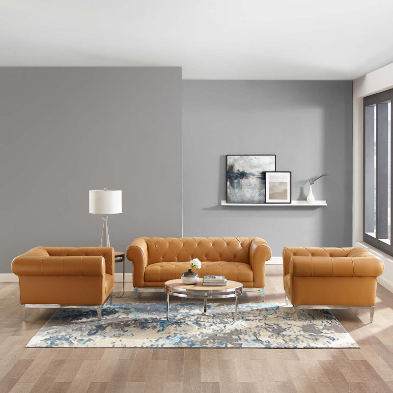 Ensemble de canapé et fauteuil en cuir capitonné Idyll, Cuir assorti brun clair