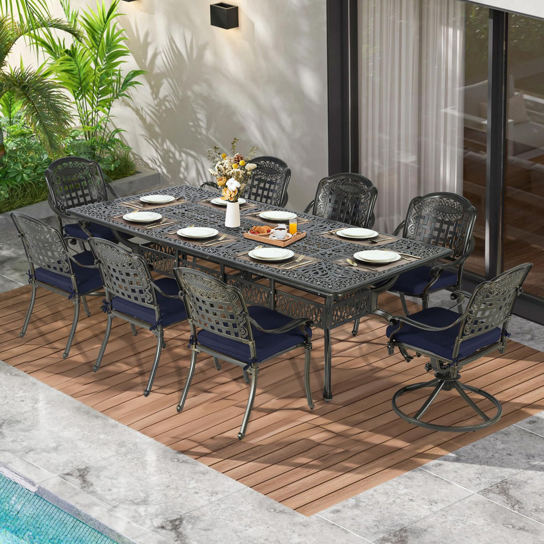 Meetwarm 9-Piece Outdoor Patio Dining Set For 8, All Weather Cast Aluminum Patio Funiture Table And Chairs Set- 94.5" Rectangular Table And 2 Swivel Rocker Chairs, 6 Stationary For Garden Canora Grey Cushion 