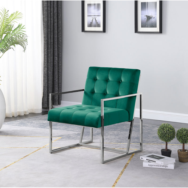 Mcfarlin Square Frame Velvet Accent Chair , Green/Silver Velvet , Silver