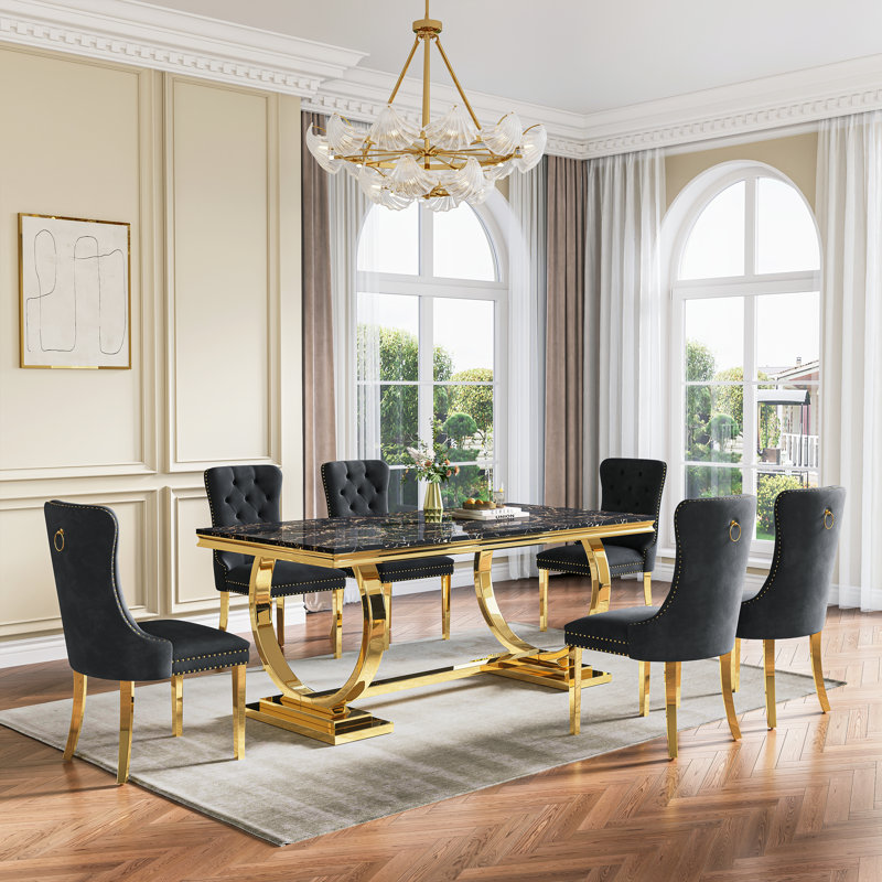 Rectangular 70.1"L X 35"W Dining Set, Black/Gold, Black/Gold, 7 Pieces: Table, 6 Chairs