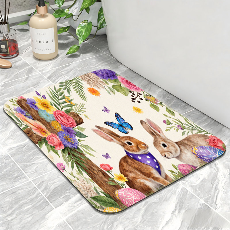 Paire de lapins avec tapis de bain floral croisé, 24 x 36 po, antidérapant, vestibule et salon