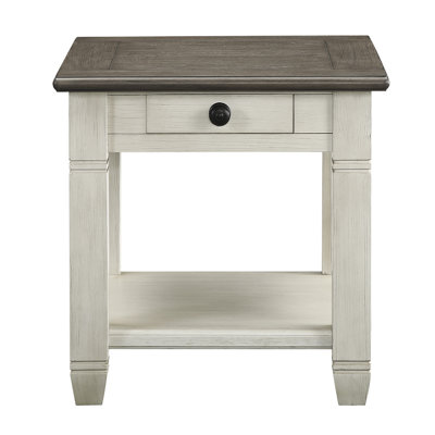 Table d'appoint en bois avec tiroir et tablette, couleur rose-brun et blanc antique, pour salon, style contemporain.