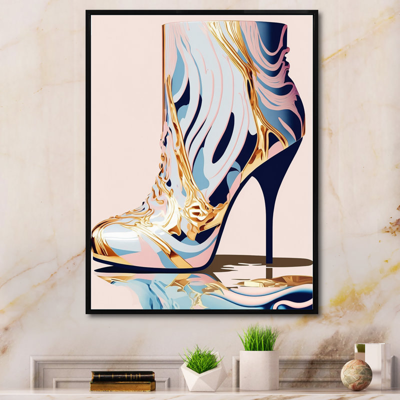 Rose et bleu, bottes à talons hauts II - impression sur toile, Toile avec cadre flottant noir, H 20 po x l 12 po x P 1 po