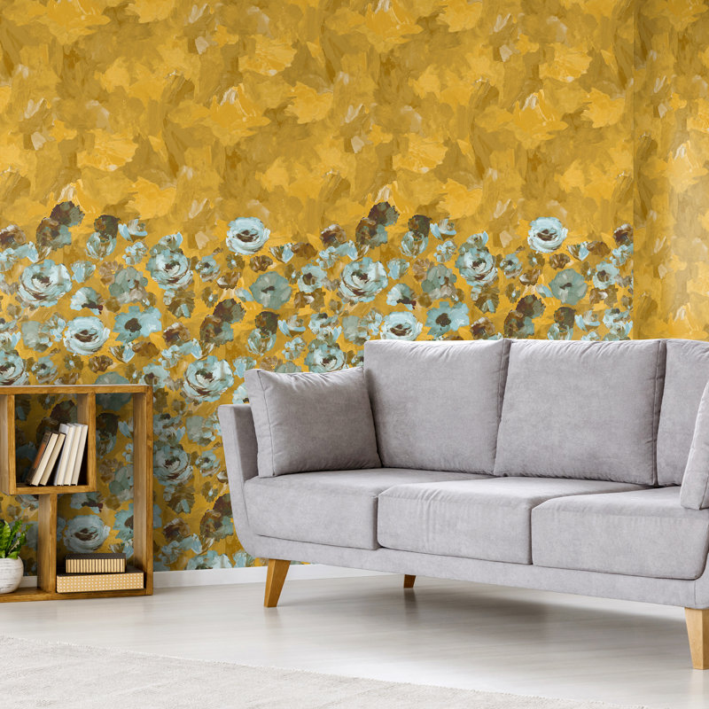 Thaler Large Paeonia Flowers and Plain Twinwall 4-panel Mural Design 3m x 280cm, Yellow/Brown