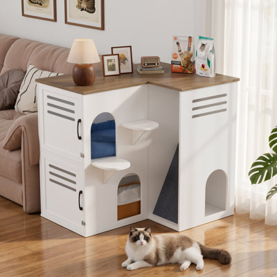 Enceinte d'angle pour litière pour 2 chats, litière cachée en L avec rampe en feutre et escalier latéral, armoire à chat à 2 niveaux pour appartements