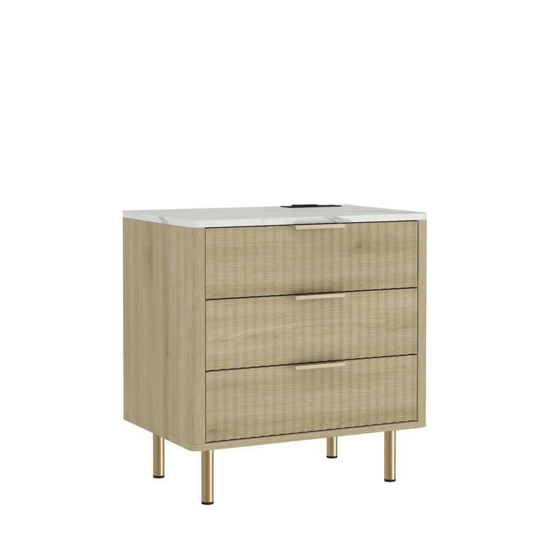 Table de bout à 3 tiroirs et prises encastrées, Bois