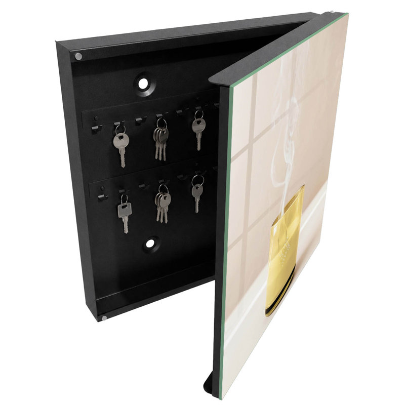 Key box, Opens to the left, 30x30x5, Black, Clear glass with yellow contents and smoke, 
