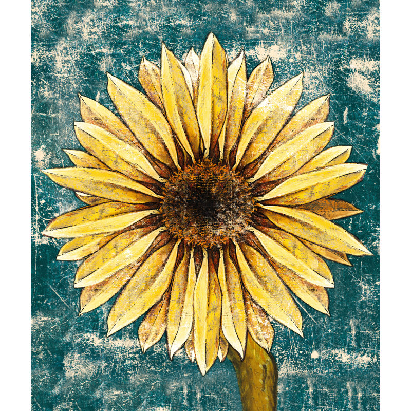 Weathered Teal Sunflower - Painting Print, 91 cm H x 61 cm W, Black Floater Framed