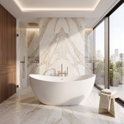 Manhattan 64" x 33" Freestanding Soaking Tub, Solid Surface Stone Resin Oval Bathtub - White