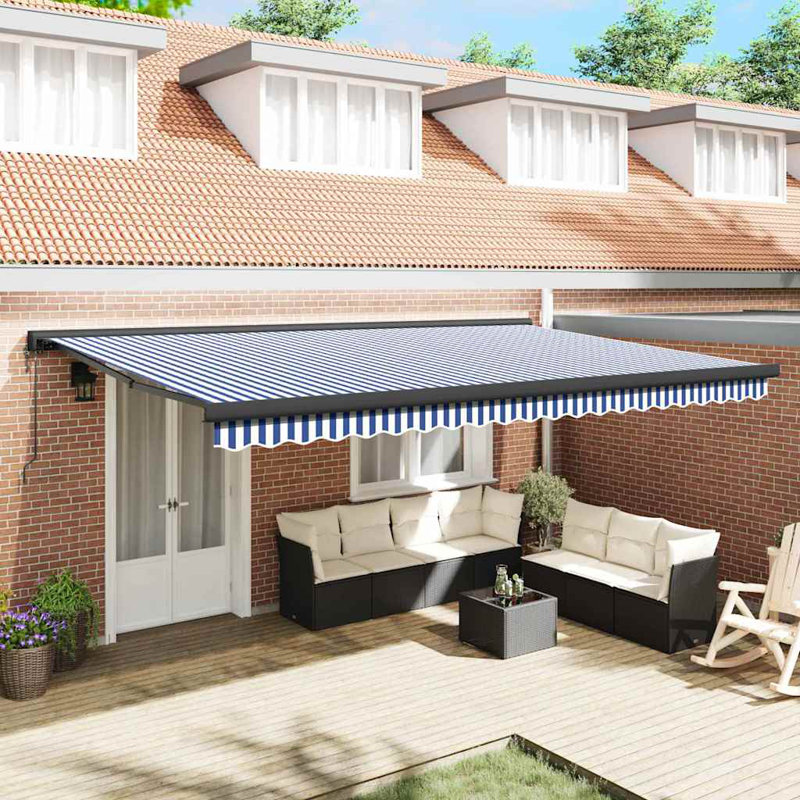 Ebern Designs Fabric Cover Retractable Patio Awning, 500cm H x 300cm W, Blue;White/Black Striped