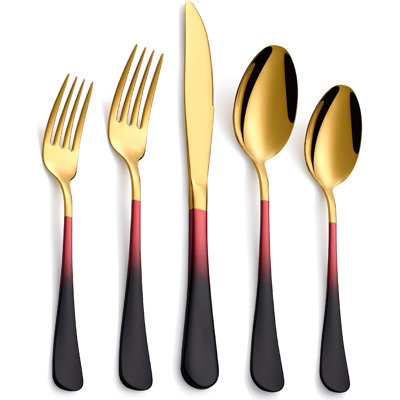 20-Pieces Gold Stainless Steel Black Red Handle Flatware Set